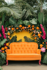 Fototapeta premium Vibrant Orange Sofa on a Wedding Stage Framed by Warm Autumn Leaves and Golden Lights