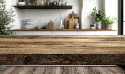 Empty wooden table in blurred kitchen background.