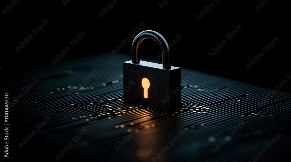 Aufkleber glowing padlock symbol on dark circuit board background represents security and protection. this con