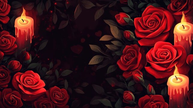 Dark red roses and lit candles create a romantic ambiance. Perfect for Valentine's Day, anniversaries, or romantic themed designs.