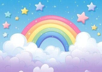 Soft pastel background, Rainbow gradient sky with fluffy clouds and stars
