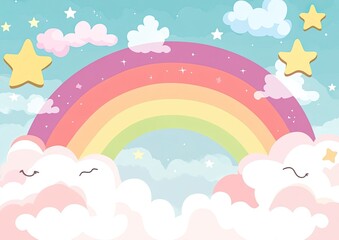 Soft pastel background, Rainbow gradient sky with fluffy clouds and stars