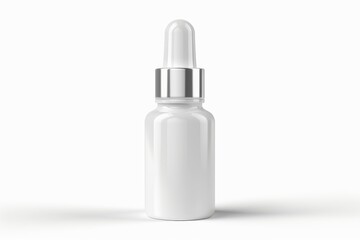 White glass dropper bottle with silver cap, isolated on white.
