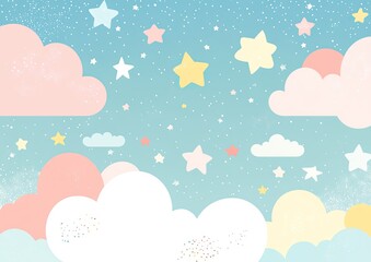 Soft pastel background, Rainbow gradient sky with fluffy clouds and stars