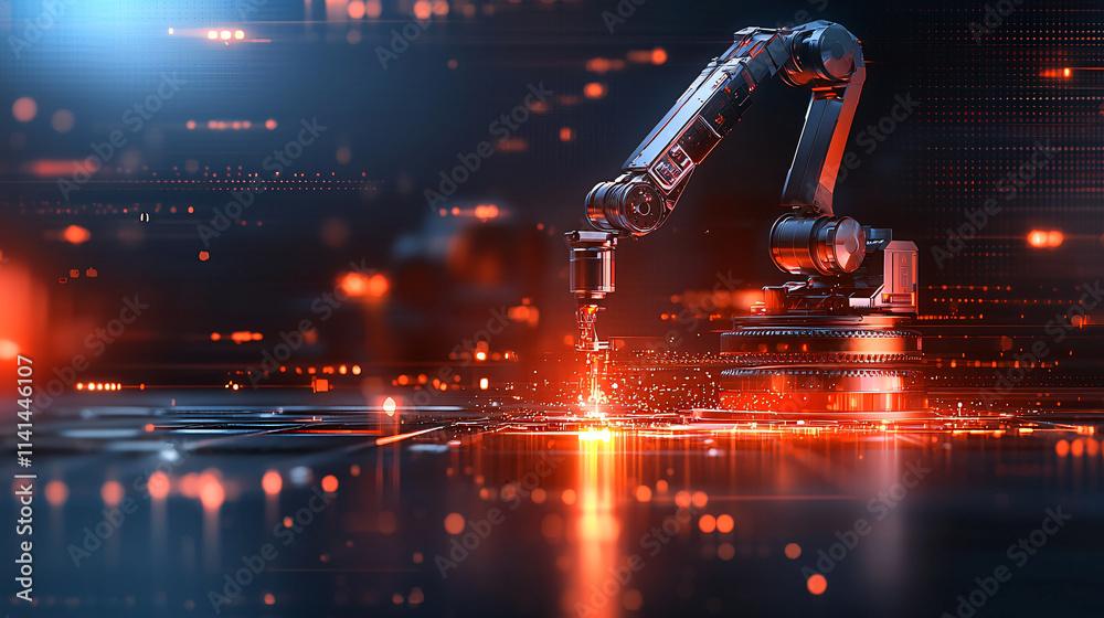 Aufkleber robotic arm is assembling machinery in futuristic setting, showcasing advanced technology and precision. glowing sparks and digital backdrop create dynamic atmosphere