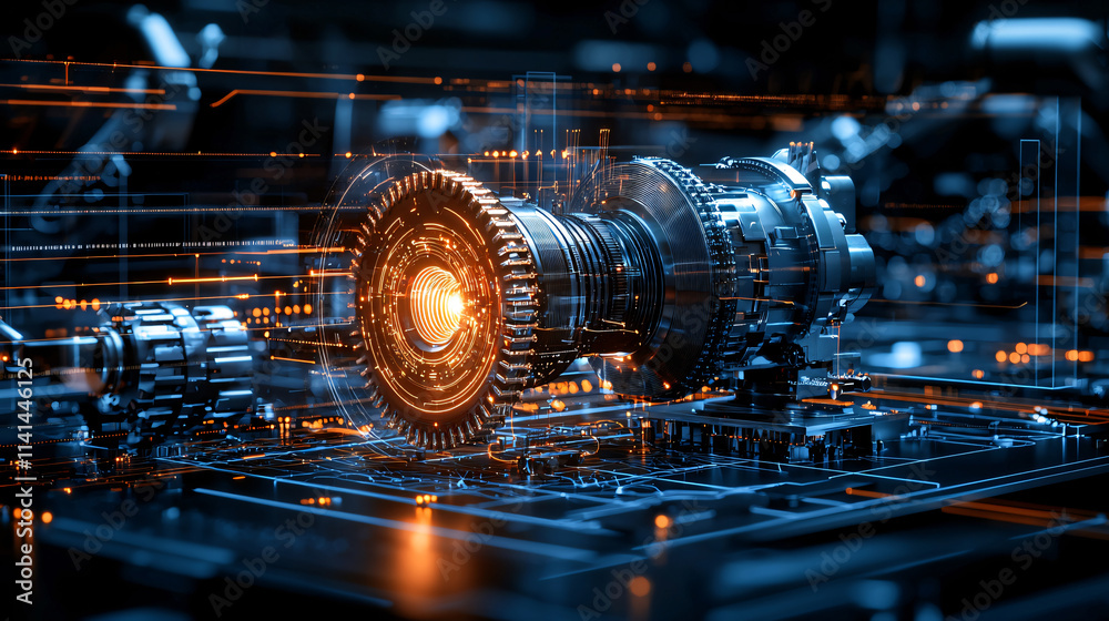 Poster futuristic engine with glowing components and intricate details, showcasing advanced technology and innovation in machinery. vibrant colors and design evoke sense of high tech engineering