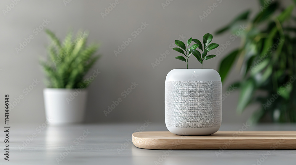 Aufkleber modern home decor setup featuring smart speaker with plants growing from it, symbolizing innovation 
