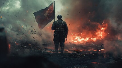 Naklejka premium A soldier stands on the battlefield, holding a flag. In the background are ruins destroyed by war, from which smoke rises.
