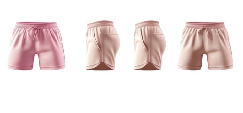 pink and peach athletic shorts with drawstring and curved hem on a transparent background