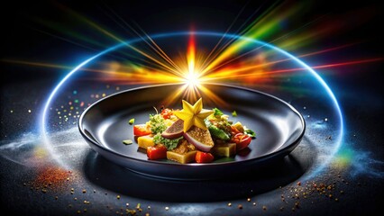 Stunning Food Photography with Flare Background and Sunlight Rays - Captivating Culinary Art with Gleams and Rainbow Halo Effects