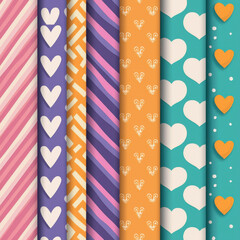 Fototapeta premium Colorful patterns with hearts and geometric designs on vibrant banners