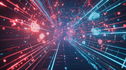 Fototapeta premium A futuristic digital fireworks show, where holographic fireworks burst in mesmerizing patterns of neon lights and futuristic symbols, synchronized perfectly to music. The celebration feels like 
