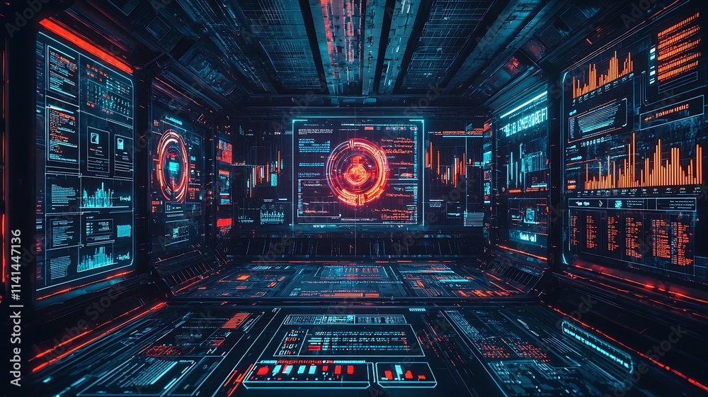 Aufkleber Futuristic control room with holographic displays showing data analytics and network security.