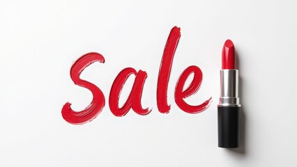 Red lipstick writing the word "Sale" on a white background. Beauty, cosmetics, and shopping concept for design, banner, and advertisement