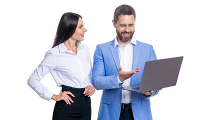 remote business online. busy businesspeople colleagues. agile business. remote business work. boss and employee using laptop. businesspeople isolated on white. talk to office manager