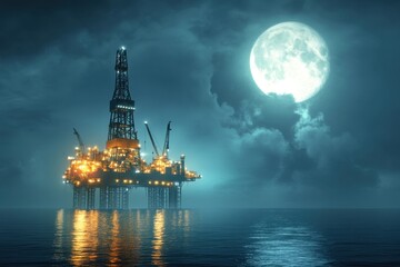 Oil rig in a moonlit night scene offshore ocean night photography dramatic lighting industrial environment captivating concept of rigs illuminated by full moon