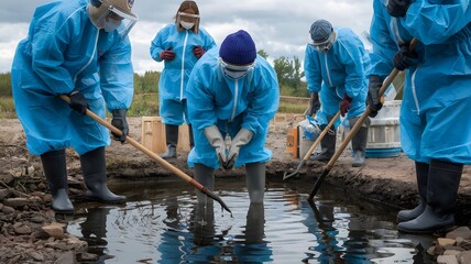 A group of concerned citizens wearing protective gear, cleaning up a polluted groundwater source
