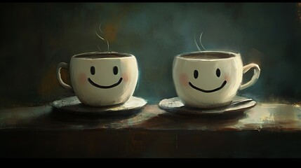 Smiling Coffee Cups: A Digital Painting of Cozy Morning Companionship. AI Generated