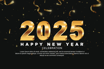 Happy New Year 2025. New Year Dark Banner with Golden numbers date 2025 on Dark Background