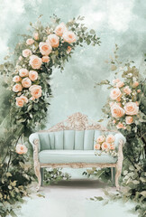 Digital Drawing of a Dreamy Garden Wedding Stage with Lush Florals and Ivy-Covered Arches
