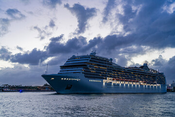 Cruise ship vacation. Majestic cruise ship in vacation summer. Cruise ship vacation. Travel at sea....
