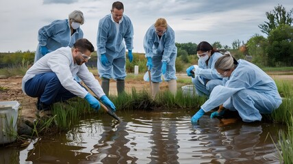 A group of concerned citizens wearing protective gear, cleaning up a polluted groundwater source