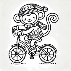 Blank coloring book illustration of a cute wide-eyed monkey wearing a Christmas costume riding a bicycle.