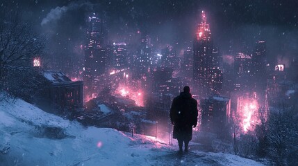 Snowy Cityscape at Night: A Solitary Figure in a Winter Wonderland