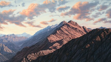 Fototapeta premium Majestic mountain range at sunset, dramatic sky with clouds.
