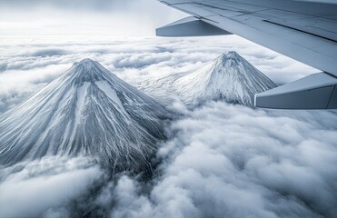 Mountain view from an airplane window with snow-capped peaks visible through misty clouds.