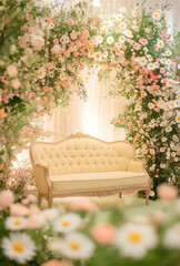 Pale Yellow Sofa on a Wedding Stage Framed by Daisies and Subtle Floral Accents