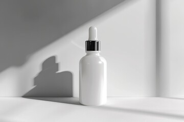 White dropper bottle in sunlight on white background.