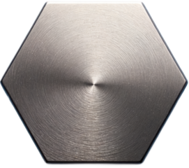 A metallic, octagonal-shaped object with a brushed steel texture and a circular pattern radiating from the center. The design is sleek, industrial, and polished, reflecting light elegantly.