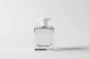 Clear glass perfume bottle with white cap on white background.