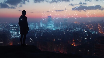 Fototapeta premium Person watches city lights at dusk photo wide shot. AI Generated