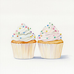 Two cupcakes with detailed frosting and colorful sprinkles, isolated design on white background
