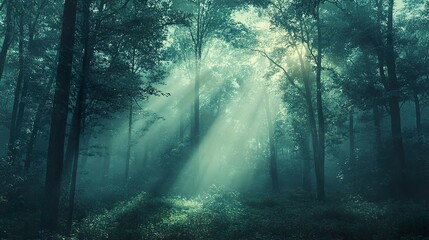 Sunbeams in a Misty Forest: An Enchanting Nature Scene