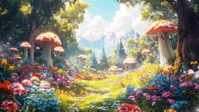 Enchanted meadow of colossal mushrooms and vibrant flowers under a sunny sky glitch stream overlay seamless loop Vtuber streamer asset twitch zoom OBS screen animated wallpaper virtual background