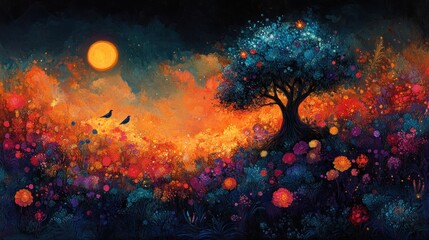 Fototapeta premium Magical sunset, vibrant flowers, lone tree, two birds.