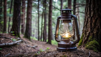 Fototapeta premium Illuminated Lantern in a Dense Forest Setting