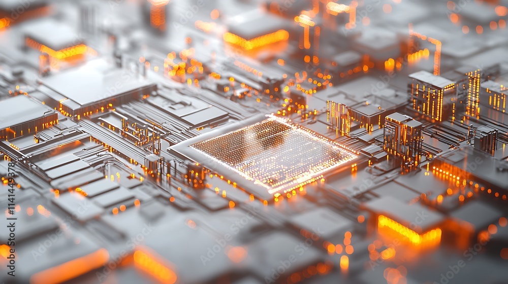 Poster abstract digital circuitry with glowing central processor.