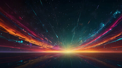 Futuristic Sunset Landscape: Vibrant Light Trails Across a Reflective Plane