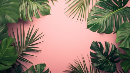 Tropical natural product display background with palm leaves and exotic plants