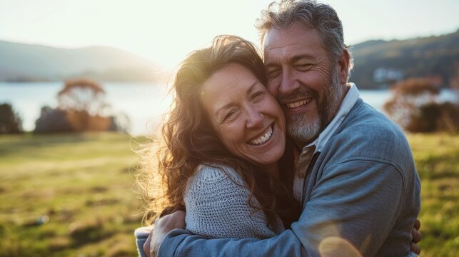Happy middle-aged couple hugging each other and smiling at the camera, with sunlight shining on their faces, a lake in the background and a grassy meadow.