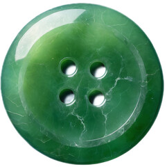 A glossy green button made of a jade-like material, featuring a polished surface with natural marble-like veins. It has four holes in the center, maintaining a classic button design. 