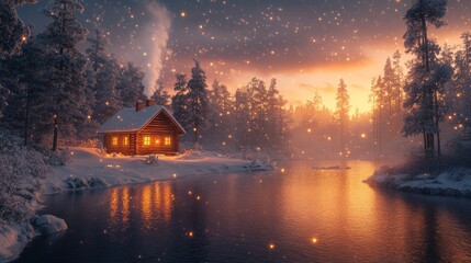 A cozy wooden cabin surrounded by a snowy landscape, smoke gently rising from the chimney, and warm yellow lights glowing from the windows. 