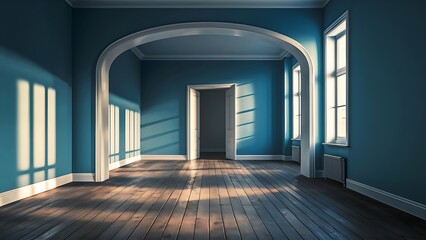 Blue empty room interior with arch entrance with wooden floor, shadows and sun light from window on wall