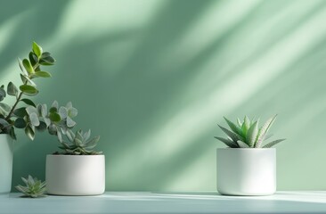 Succulents in white pots on a mint green background with sunlight.