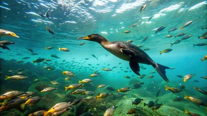 A cormorant swimming through a school of fish