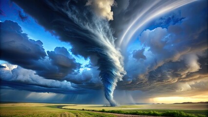 Big tornado swirling on a bright blue sky background, tornado, storm, weather, powerful, destructive, natural disaster